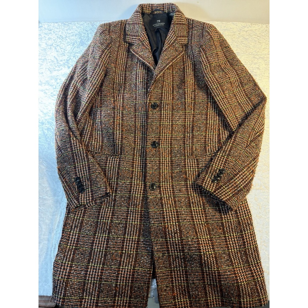 Scotch & Soda Men's M Wool Blend Plaid Overcoat Multicolor Check Long Coat